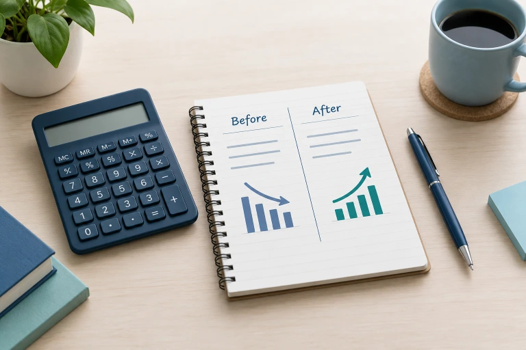 Notebook and calculator illustrating percentage increase and decrease with before-and-after values.
